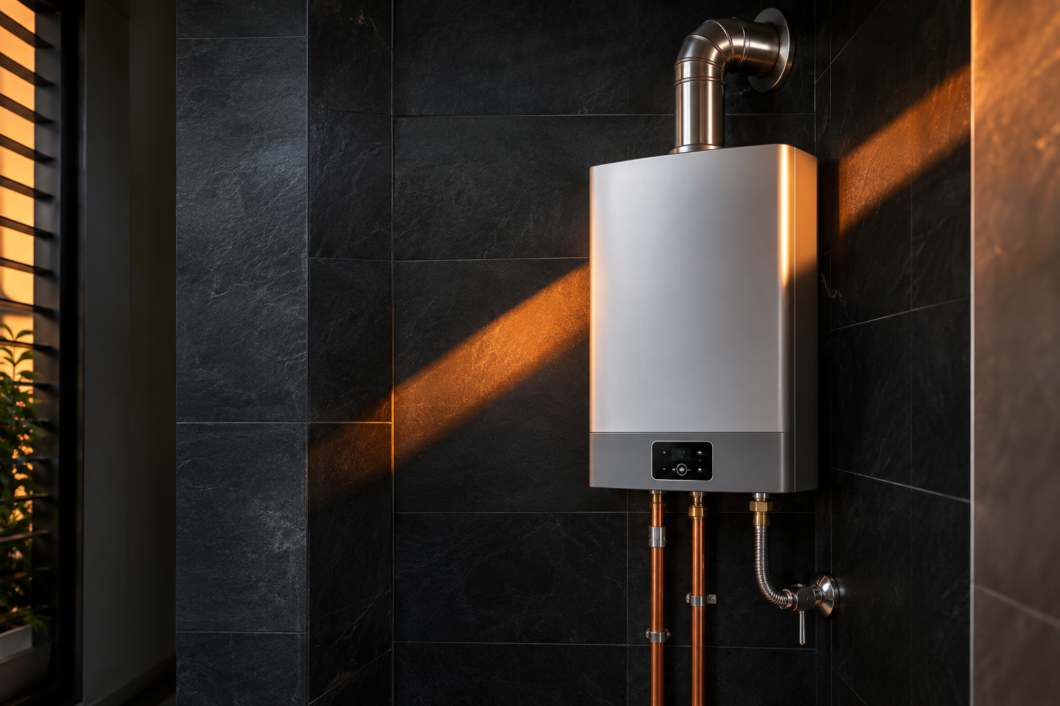 Bacası ve su bağlantıları görünen modern beyaz şofben ve servis takım çantası